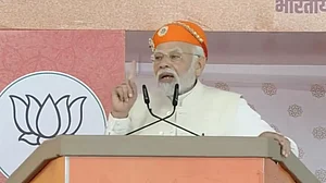 Prime Minister Narendra Modi speaking at a rally in Rajasthan's Chittorgarh