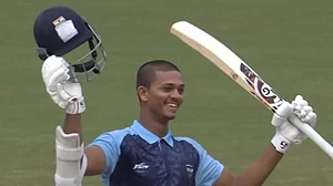 Yashasvi Jaiswal celebrates after scoring his century in Hangzhou on Tuesday.