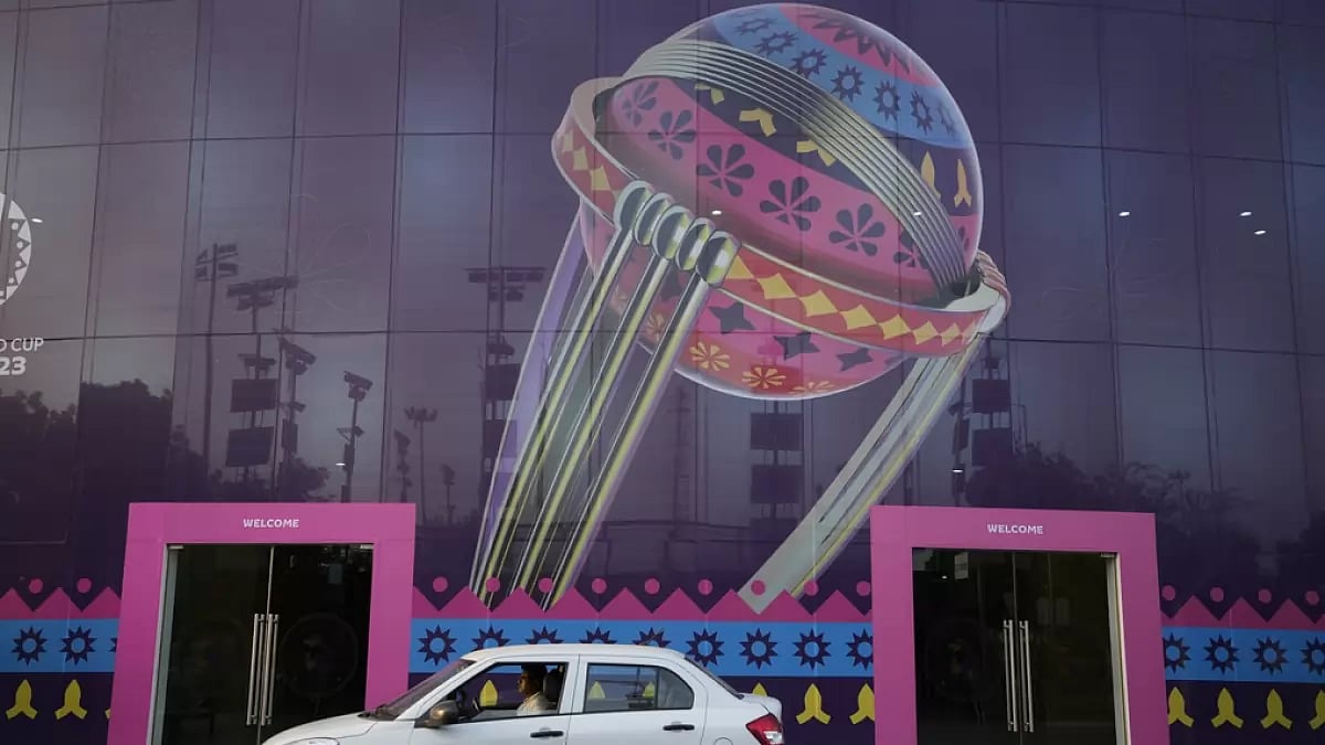 The Narendra Modi Stadium decorated ahead of the World Cup.