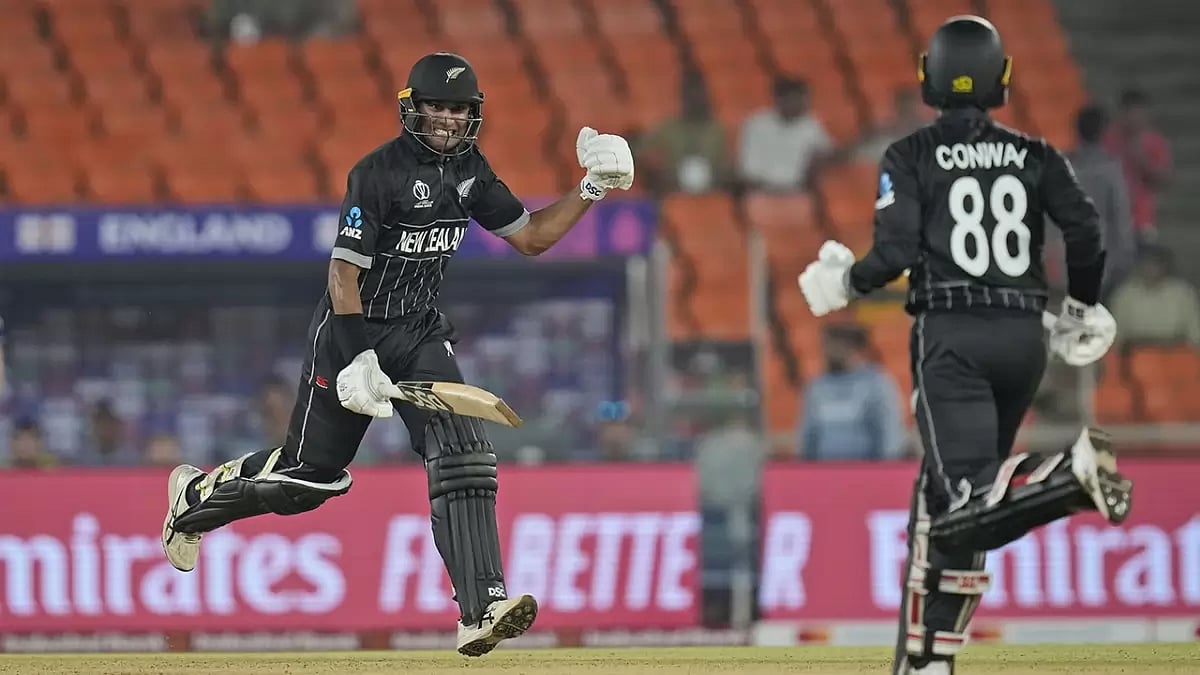 New Zealand's Rachin Ravindra and Devon Conway complete the winning run against England