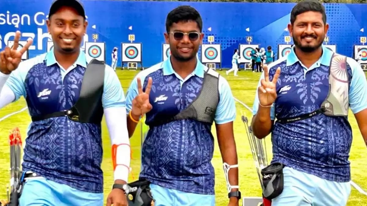The silver-winning Indian men's recurve archery team in Hangzhou.