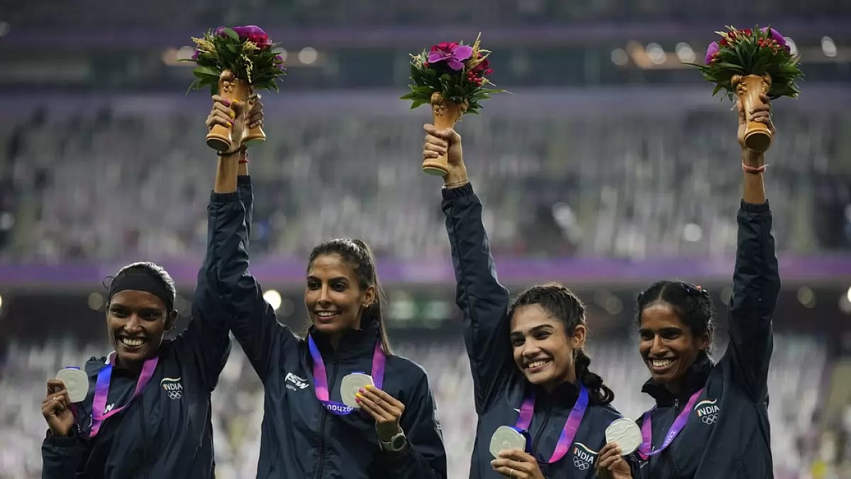 The silver-winning Indian women's 4x400m relay team in Hangzhou.