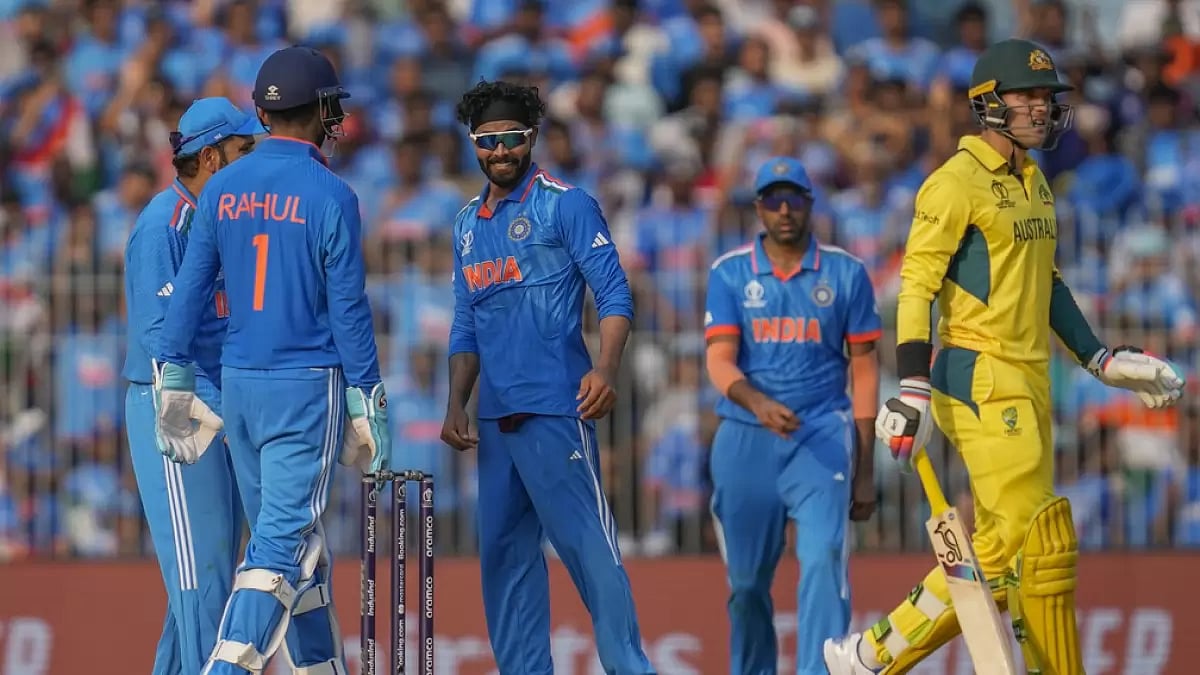 Ravindra Jadeja celebrates after dismissing Australia's Alex Carey in Chennai on Sunday.