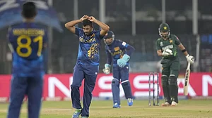Maheesh Theekshana bowling during the match against Pakistan on Tuesday.