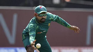 Babar Azam trains ahead of the India-Pakistan match in Ahmedabad.