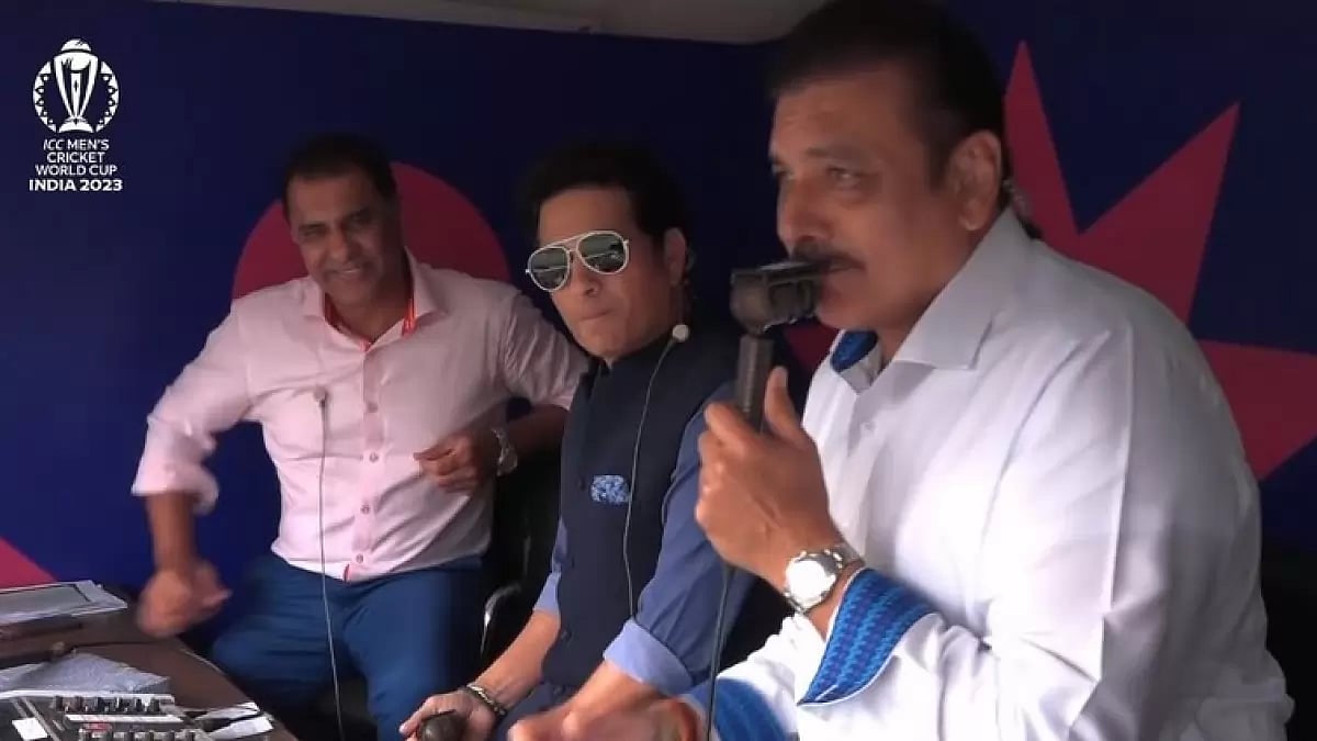 Screengrab of (from left) Waqar Younis, Sachin Tendulkar and Ravi Shastri commentating in Ahmedabad.