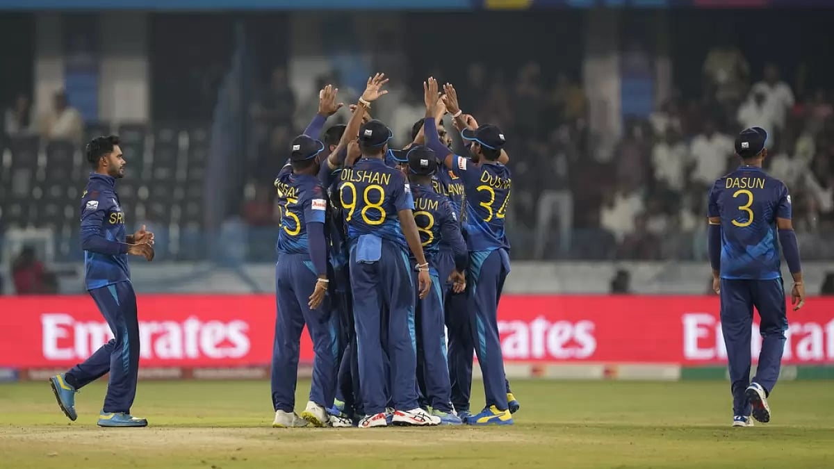 Sri Lankan Cricket team celebrating a wicket in the ICC Cricket World Cup 2023