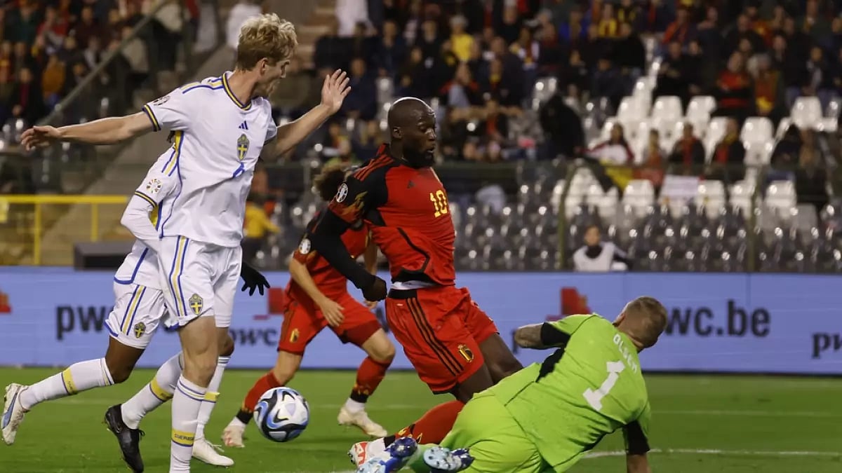 Action during the first half in the abandoned Belgium vs Sweden game in Brussels.