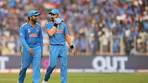 Rohit Sharma and Virat Kohli in the field during the India vs Pakistan game in Ahmedabad.