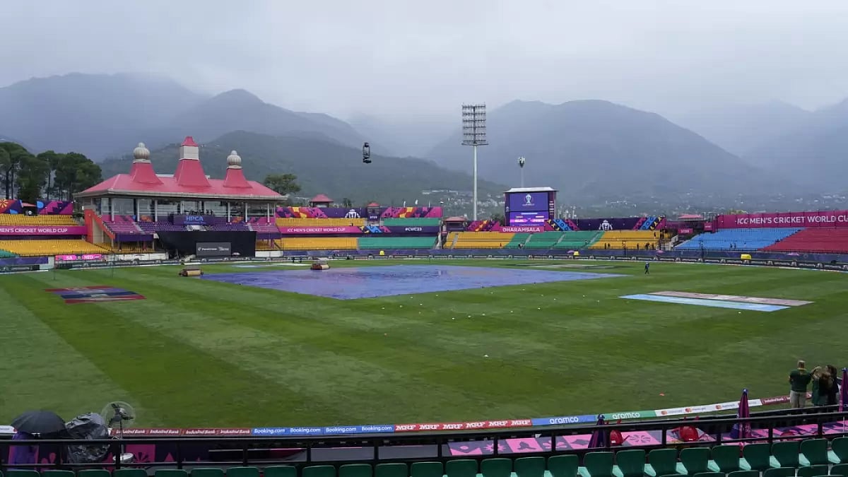 Covers were on ahead of the toss in Dharamsala on October 17, 2023.