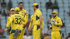 Australia celebrate a Sri Lankan wicket during the ICC Cricket World Cup 2023 in Lucknow.