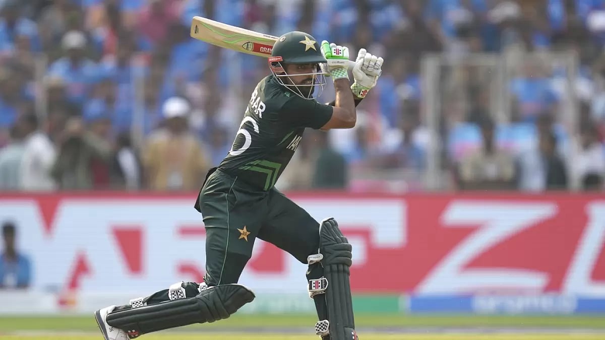 Pakistan captain Babar Azam bats against India in Ahmedabad.