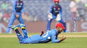 Afghanistan's Hashmatullah Shahidi drops New Zealand's Rachin Ravindra in Chennai.