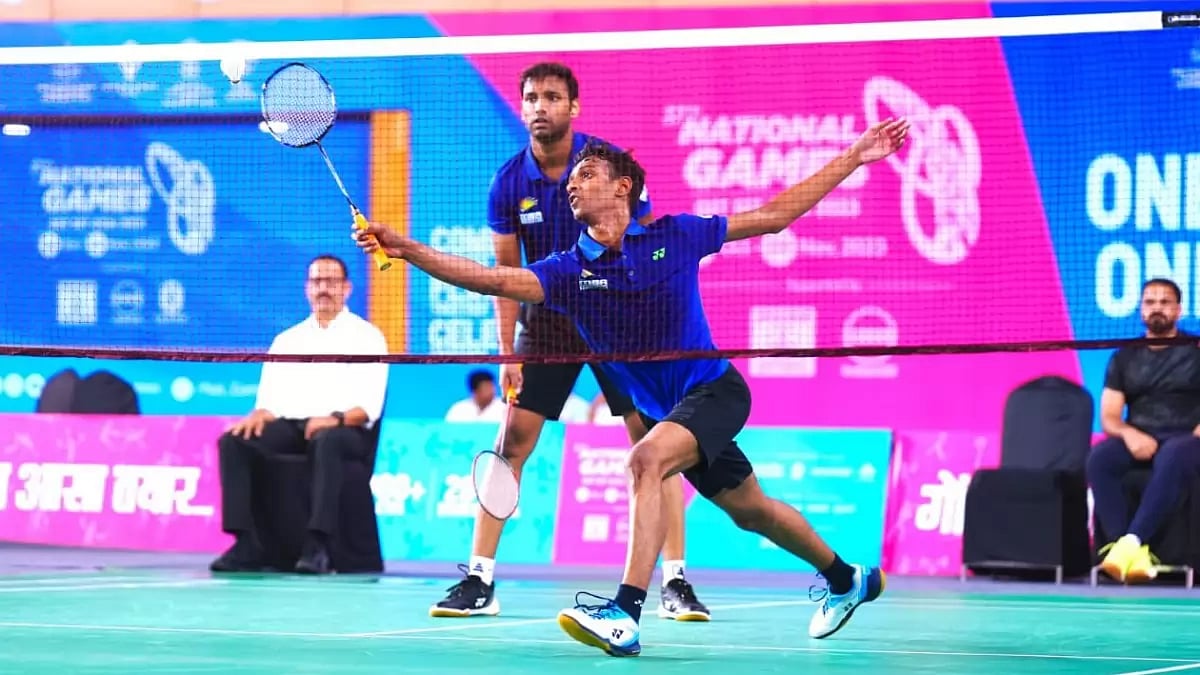 Badminton action is underway at the 37th National Games in Panjim.