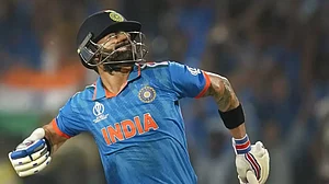 Virat Kohli celebrates his century against Bangladesh in Pune.