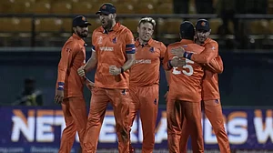 Netherlands celebrate their win over South Africa in Dharamsala.