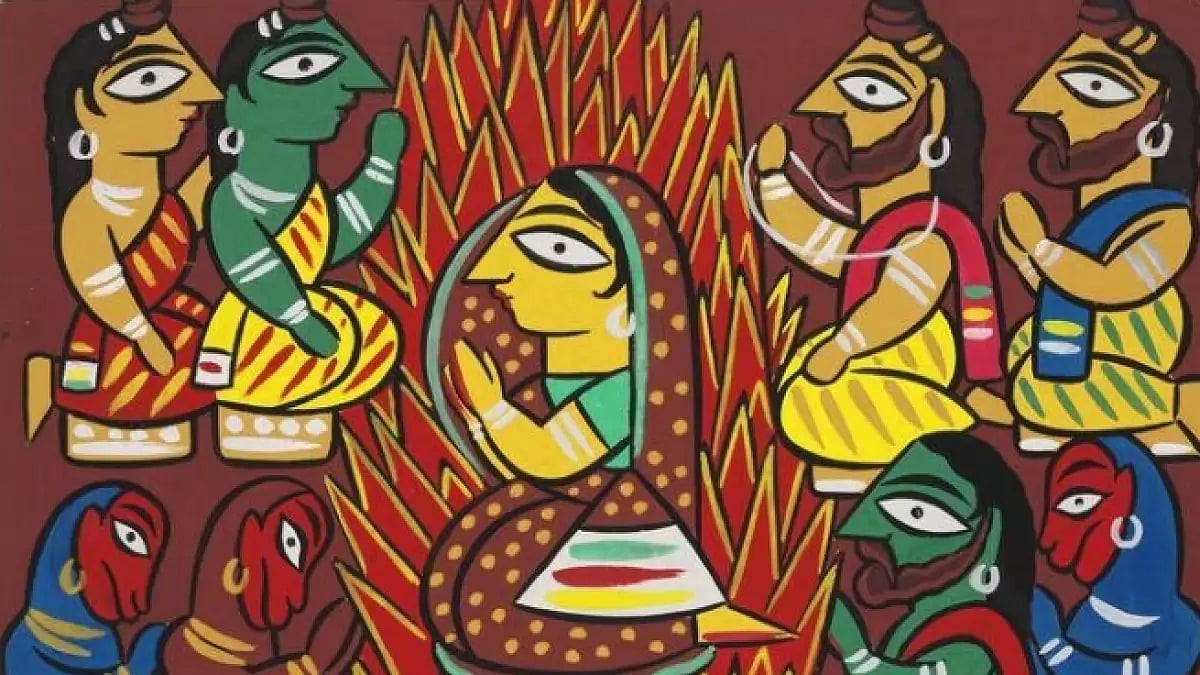 This image depicts a scene from the epic Hindu mythological poem, the Ramayana. Sita proves her innocence by undergoing a fire-ordeal. She is pictured sitting on a burning pyre amid fierce flames.