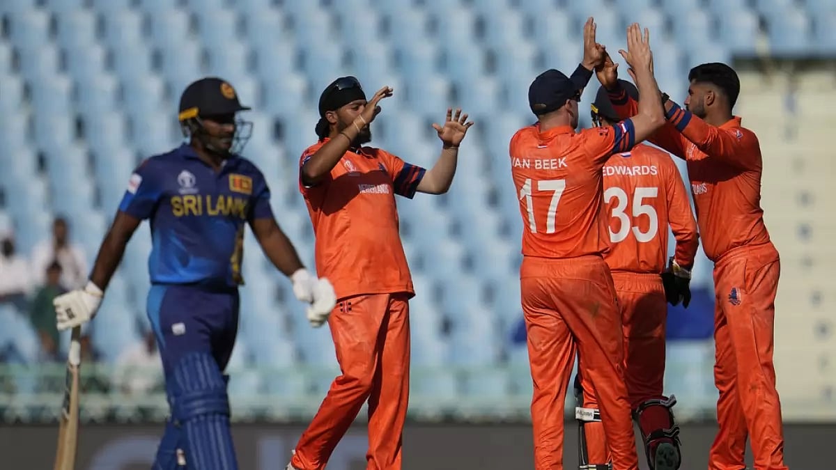 Netherlands players celebrating a wicket against Sri Lanka in Lucknow