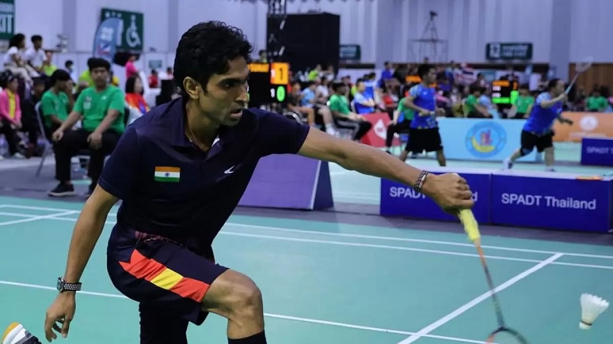 India para shuttler Pramod Bhagat in action in Hangzhou.