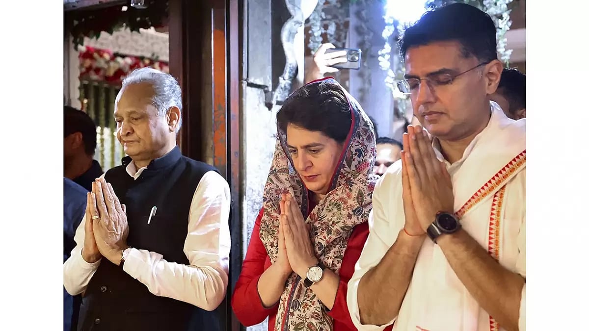 Rajasthan Chief Minister Ashok Gehlot with Congress leaders Priyanka Gandhi Vadra and Sachin Pilot at Mehandipur Balaji Temple