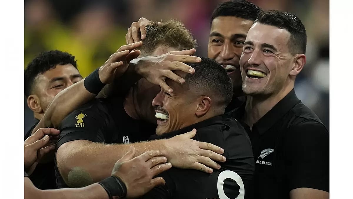 New Zealand players celebrate after scoring a try during the Rugby World Cup semifinal