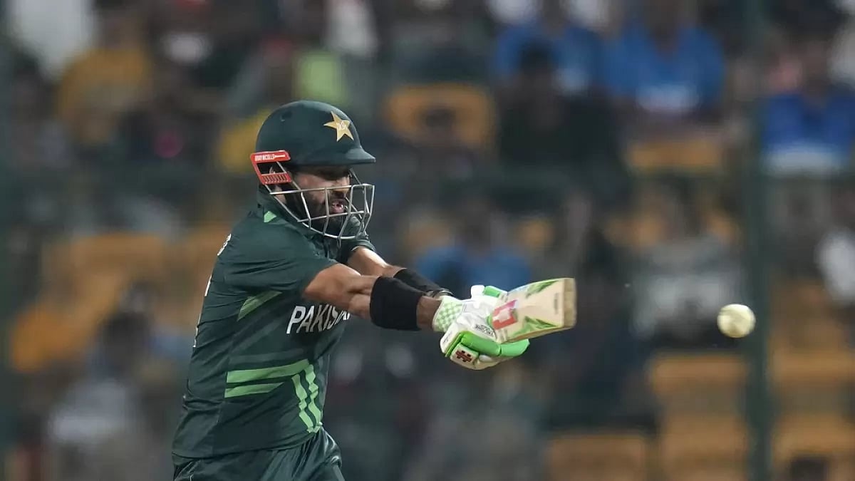 Mohammad Rizwan bats in the Australia vs Pakistan game in Bengaluru.