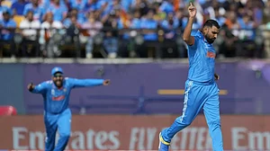 Indias Mohammed Shami celebrates a wicket