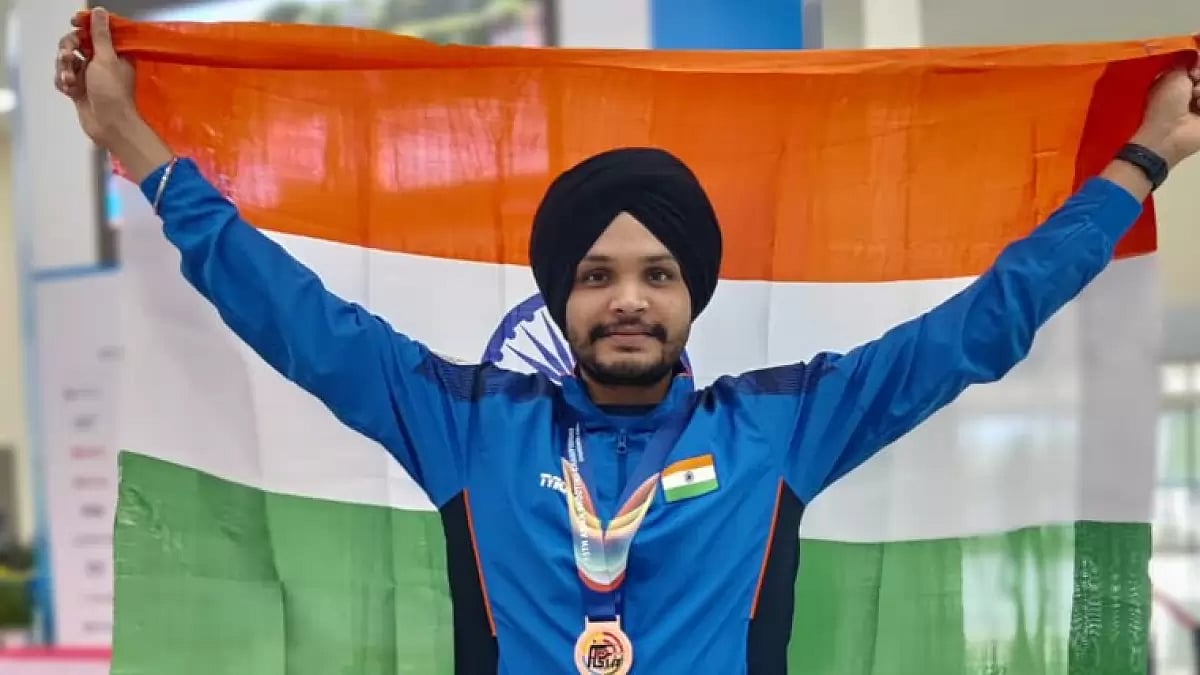 Shooter Sarabjot Singh after winning the bronze medal in Changwon, Korea