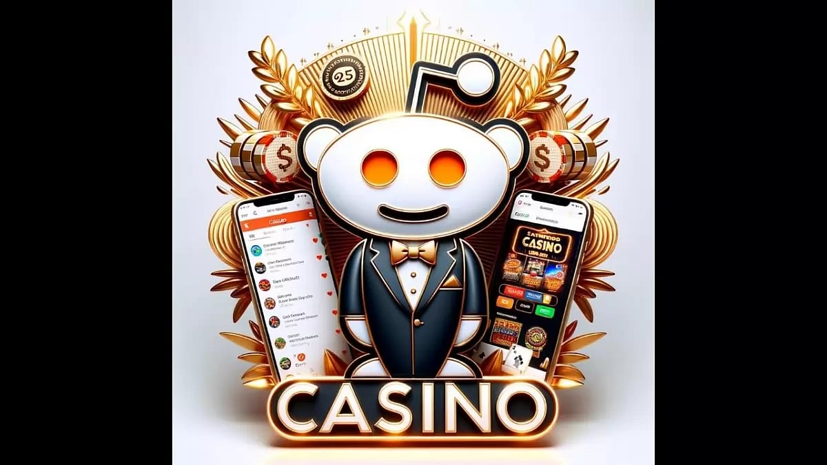 Reddit in a suite in a frame, surrounded by 2 smartphones and chips