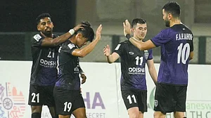 Odisha FC players celebrating after a 6-1 win over Maziya in AFC Cup 2023-24