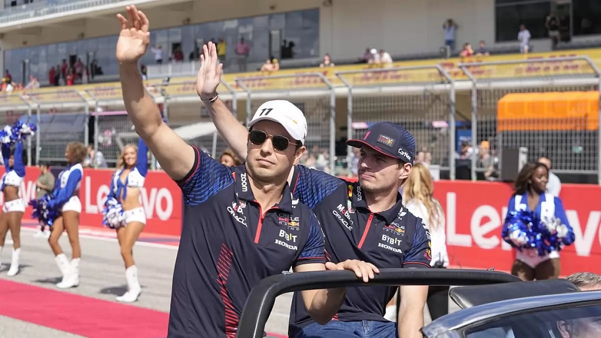 Red Bull drivers Sergio Perez and Max Verstappen during the US Grand Prix