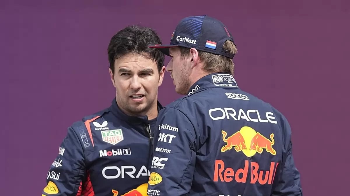 Red Bull Racing's Sergio Perez (L) and Max Verstappen during the US Grand Prix.