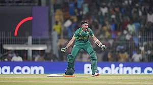 Keshav Maharaj celebrating after hitting winning runs against Pakistan in Chennai