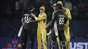 Australia and New Zealand players meeting each other after Aussies won by 5 runs