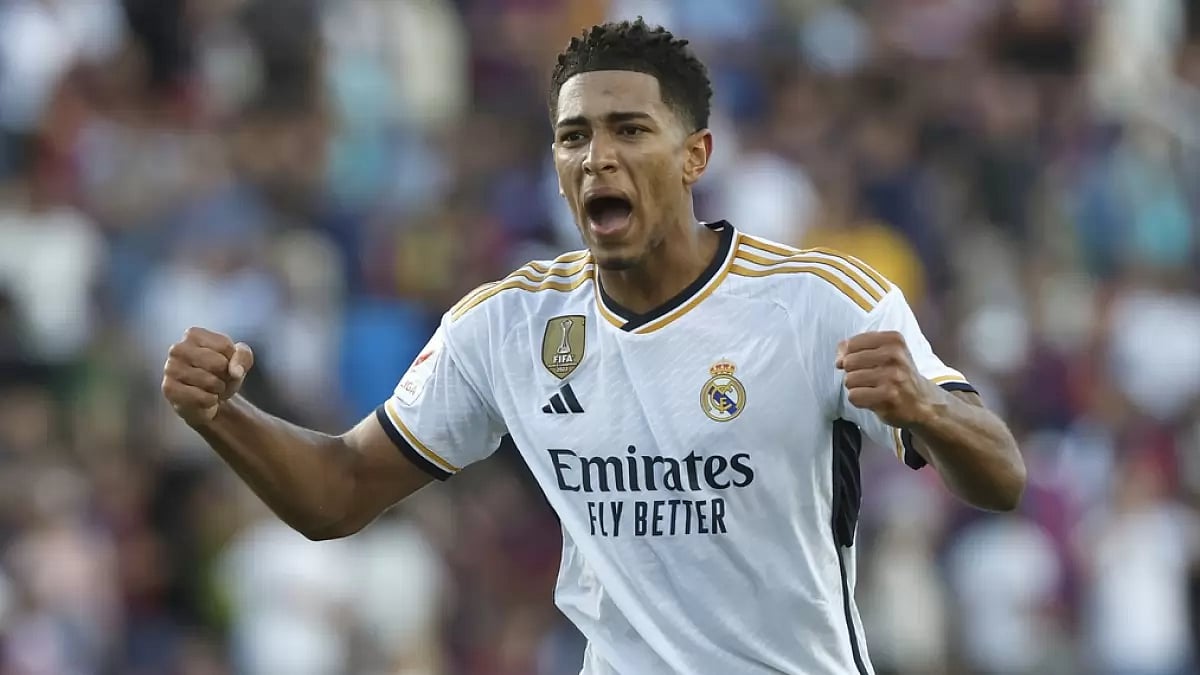 Real Madrid's Jude Bellingham celebrates after scoring his second goal in Barcelona.