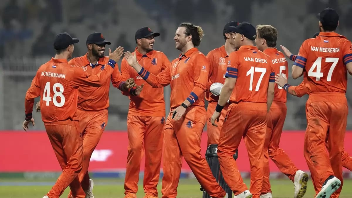 Netherlands players celebrating after their 87-run victory against Bangladesh in Kolkata