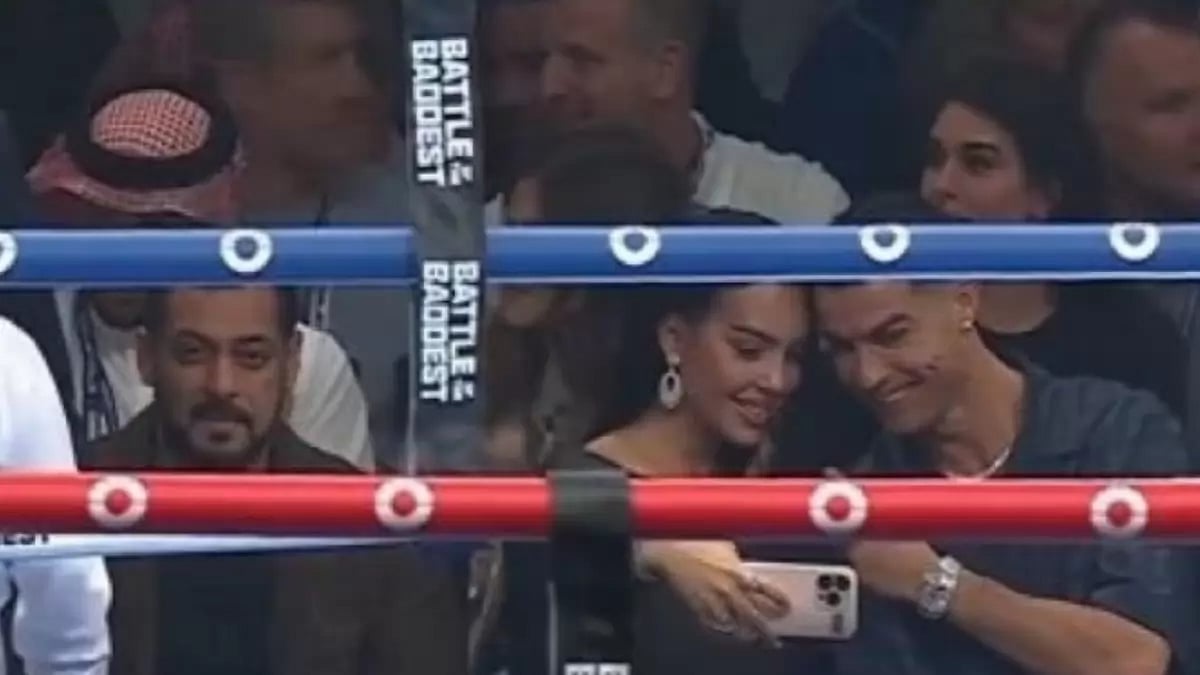 Salman Khan (left) snapped here with Georgina Rodriguez and Cristiano Ronaldo (right)