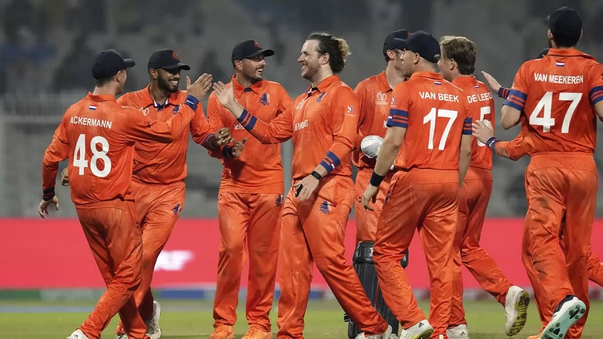 Netherlands celebrate the wicket of Bangladesh's Mahmudullah in Kolkata.