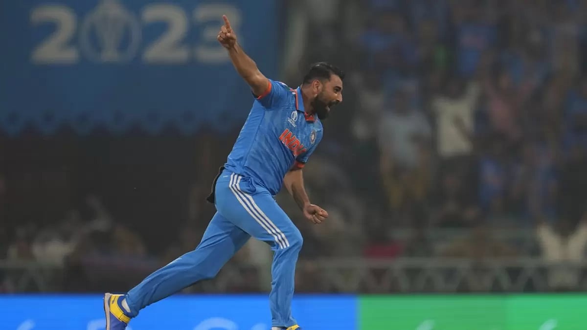Mohammed Shami celebrates the wicket of Jonny Bairstow in Lucknow.
