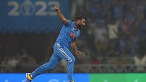 Mohammed Shami celebrates the wicket of Jonny Bairstow in Lucknow.