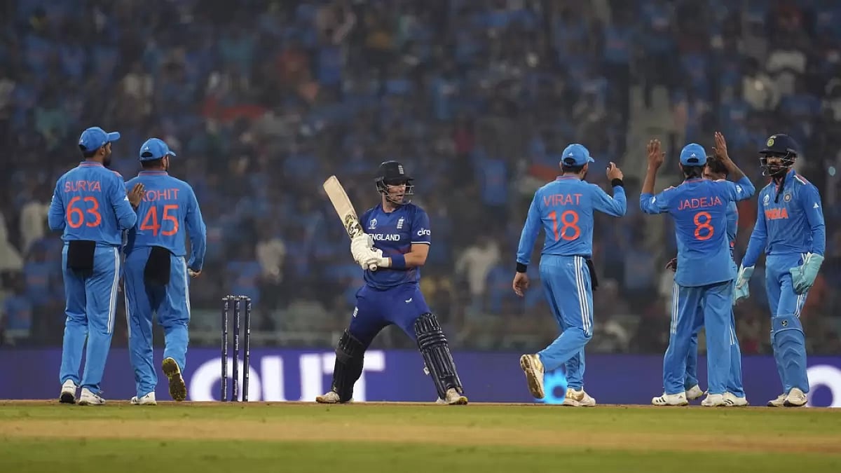 Indian players celebrating the wicket of Liam Livingstone during the match against England 