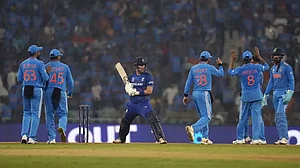 Indian players celebrating the wicket of Liam Livingstone during the match against England