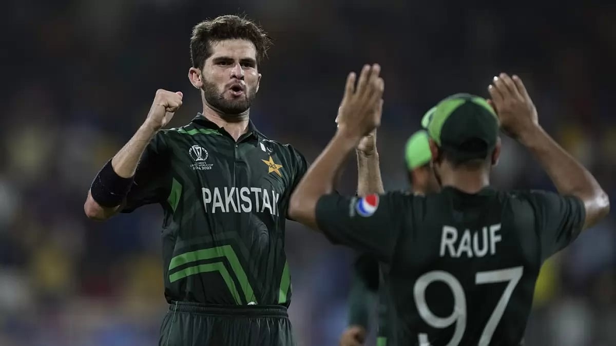 AP : Pakistan's Shaheen Shah Afridi (L) and Haris Rauf celebrate a South African wicket in Chennai.