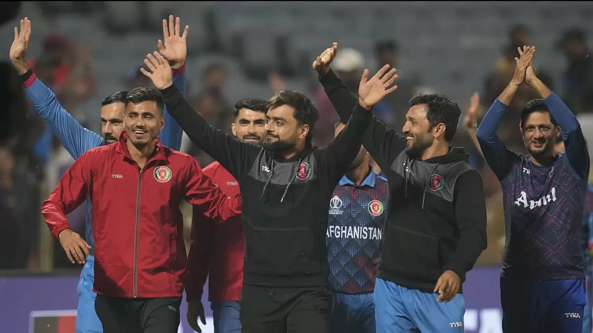 Afghanistan acknowledge the spectators after their win over Sri Lanka in Pune.