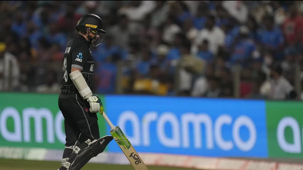 New Zealand skipper Tom Latham going back to the pavilion after losing his wicket in Pune