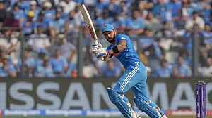 Virat Kohli bats during the India vs Sri Lanka game at the Wankhede Stadium.