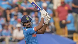 Shreyas Iyer bats during the India vs Sri Lanka game in Mumbai.
