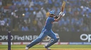 Virat Kohli bats during the India vs Sri Lanka game at the Wankhede Stadium.