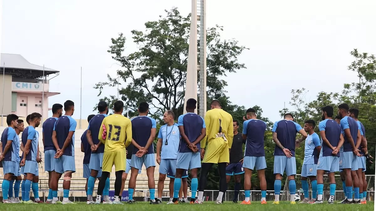 File image of Indian mens football team training along with head coach Igor Stimac.