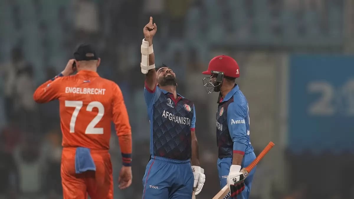 Afghanistan captain Hashmatullah Shahidi celebrating after hitting winning runs against Netherlands 